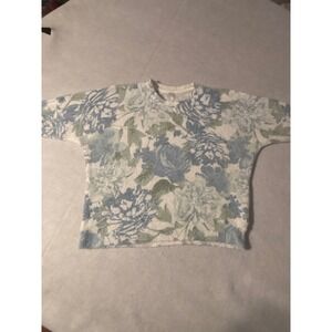 Joie Womens Blue Green Floral Knit Crew Neck Cropped Sweater Size Medium M
